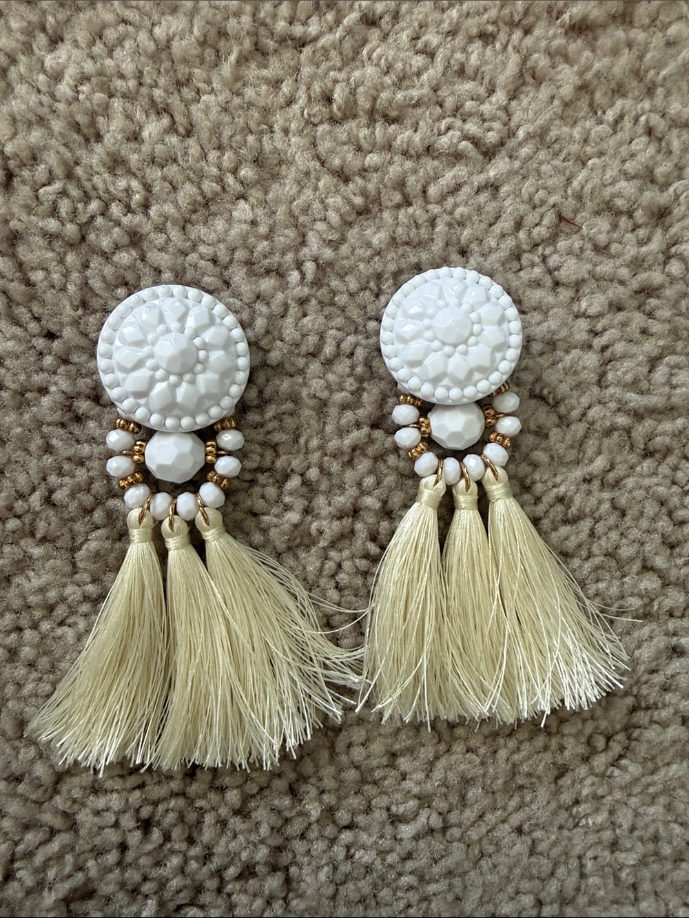 Handcrafted White and Cream Tassel Drop Earrings